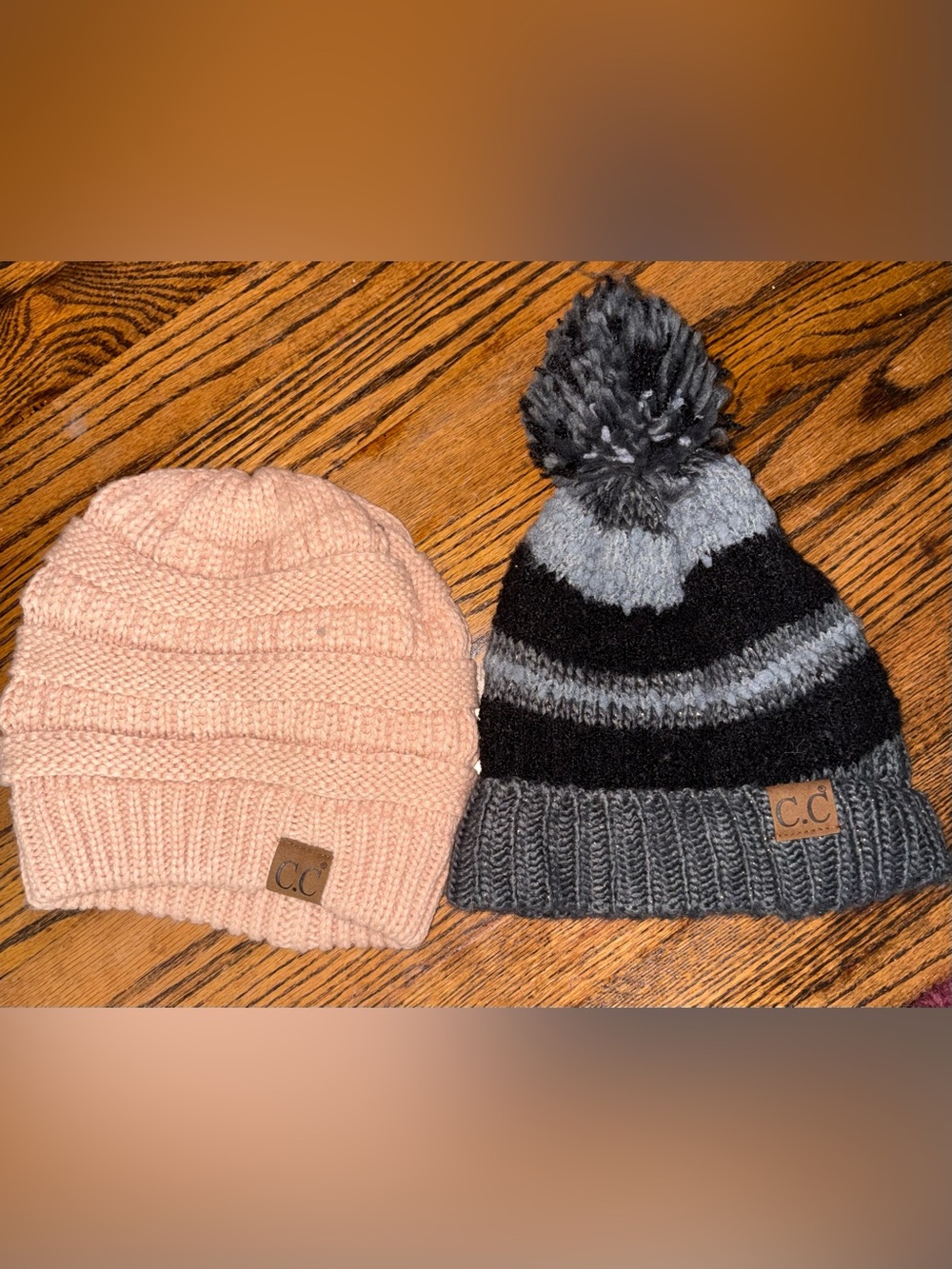 Lot of 2 C.C Knit Beanies Pink Gray Black Pom Pom Winter Hats